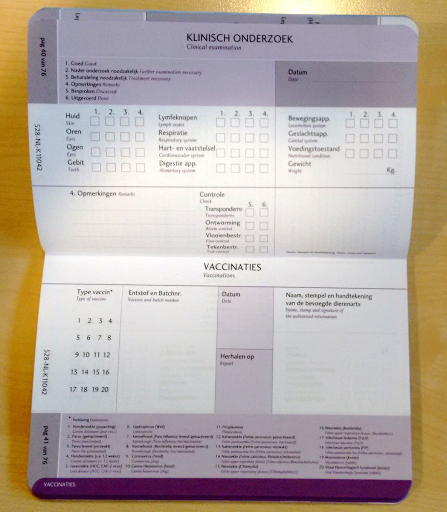 Pagina voor jaarlijkse vaccinaties in het nieuwe dierenpaspoort.