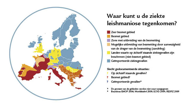Dierenkliniek Tiel-Drumpt: Er zijn veel kaarten die het mogelijke voorkomen van Leishmania in Europa aangeven (Bron: Virbac)