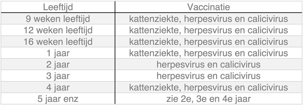 Dierenkliniek Tiel-Drumpt: katten entingen blijven nodig om de dieren, jong en oud te beschermen. Hier is het basisschema weergegeven in een tabel.
