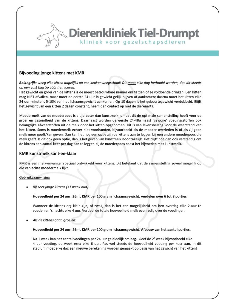 Dierenkliniek Tiel-Drumpt: Bijvoeding jonge kitten met KMR blz 1