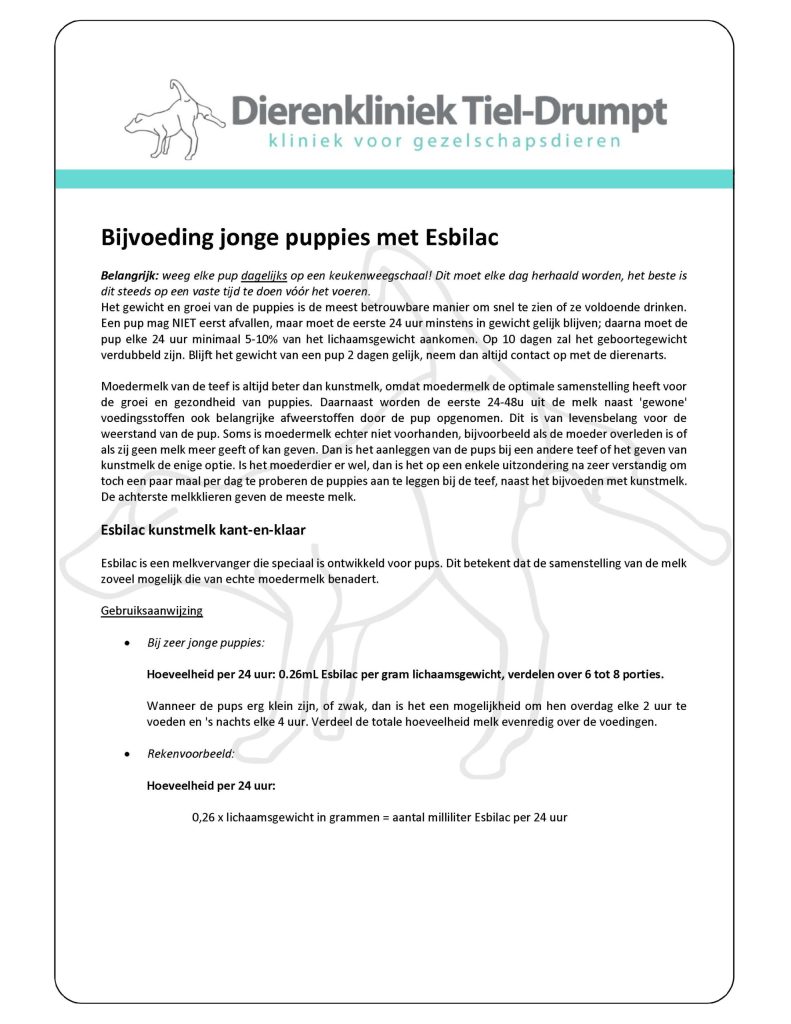 Dierenkliniek Tiel-Drumpt: Bijvoeding jonge puppies met Esbilac blz 1