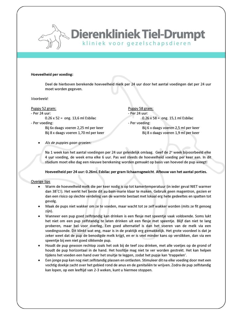 Dierenkliniek Tiel-Drumpt: Bijvoeding jonge puppies met Esbilac blz 2