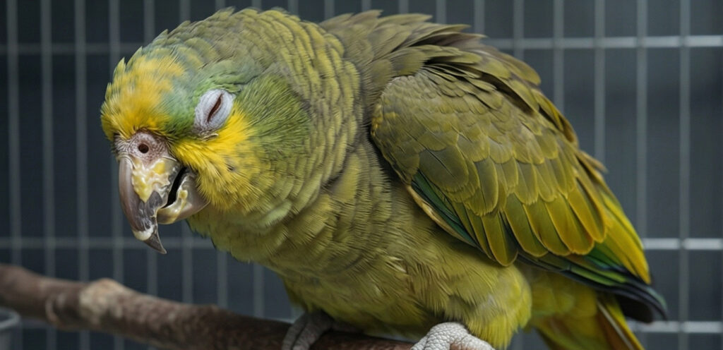 Dierenkliniek Tiel-Drumpt: Het beeld van een papegaai die zich duidelijk niet lekker voelt door papegaaienziekte.